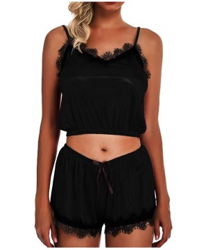 Sets Women's Solid Lace Cami Top with Shorts with Panties 2 Piece Set Sexy Lingerie Pajama Set Sleepwear - Black - CR19467KMEQ