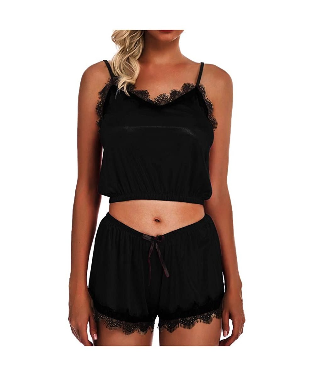 Sets Women's Solid Lace Cami Top with Shorts with Panties 2 Piece Set Sexy Lingerie Pajama Set Sleepwear - Black - CR19467KMEQ