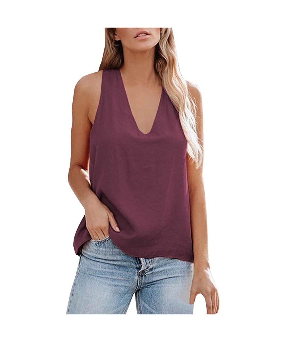 Accessories Women's V Neck Cross Back Tops Solid Color Summer Sleeveless Shirts Tank Camisole Blouse - Wine - CL199SH3LL8