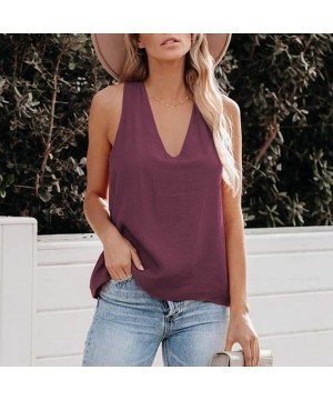 Accessories Women's V Neck Cross Back Tops Solid Color Summer Sleeveless Shirts Tank Camisole Blouse - Wine - CL199SH3LL8