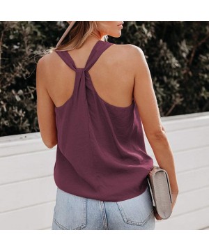 Accessories Women's V Neck Cross Back Tops Solid Color Summer Sleeveless Shirts Tank Camisole Blouse - Wine - CL199SH3LL8