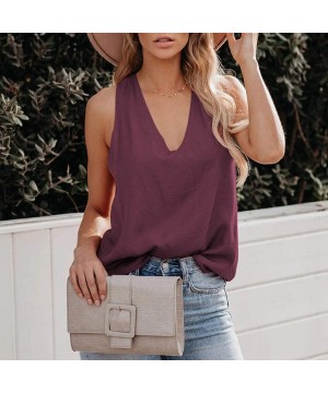 Accessories Women's V Neck Cross Back Tops Solid Color Summer Sleeveless Shirts Tank Camisole Blouse - Wine - CL199SH3LL8