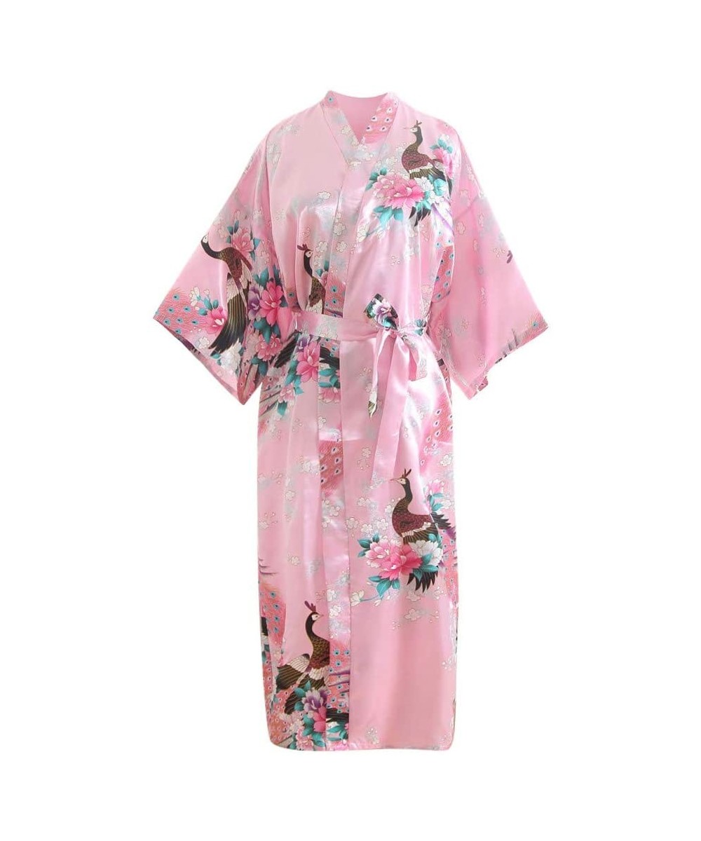 Robes Women Sexy Print Blossom Kimono Dressing Gown Bath Robe Lingerie Nightdress - Pink - CP199UUNQW0