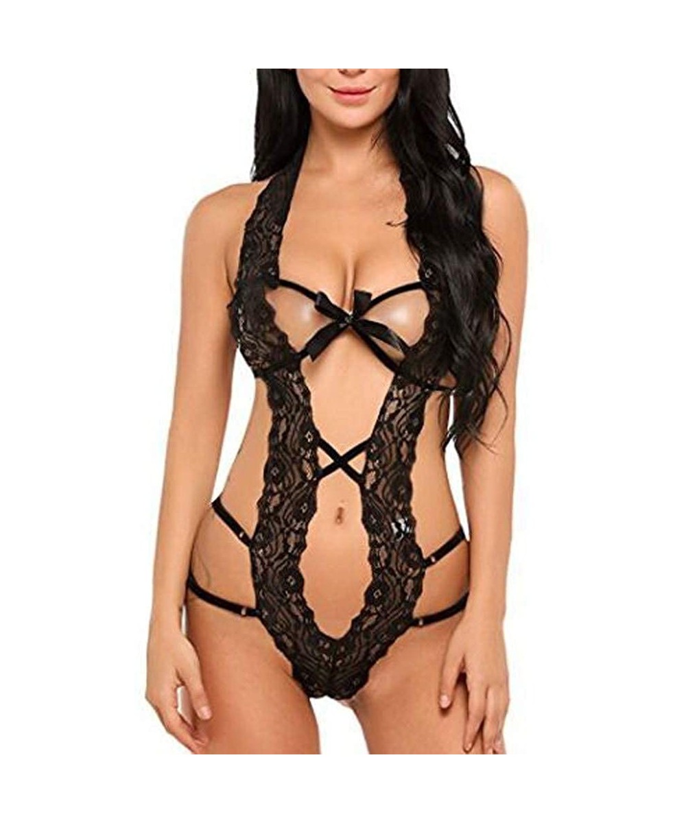 Baby Dolls & Chemises Women Sexy Lingerie-Deep V Neck Backless Halter Teddy One Piece Bodysuit Perspective Lace Babydoll Unde...