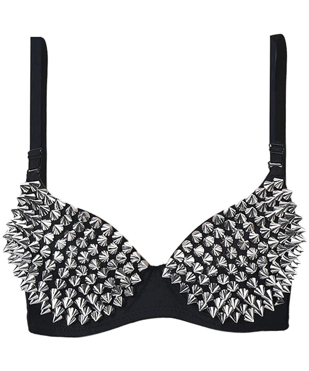 Bras Sexy Bras Women Party All-Over Spike Rivet Tassels Metallic Punk Dance Bra - Silver-2 - CF18H85TQ52