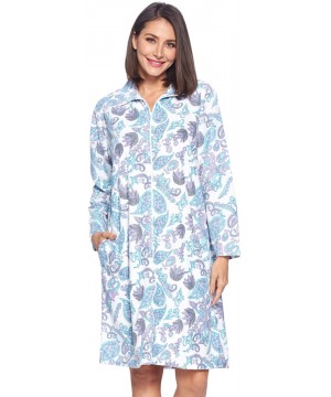 Robes Women's Printed Micro Fleece Zip Up Long Sleeve Sleepwear Duster Robe - Blue/White Paisley - CJ192K08YQ9