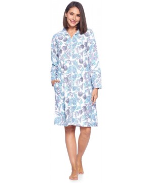 Robes Women's Printed Micro Fleece Zip Up Long Sleeve Sleepwear Duster Robe - Blue/White Paisley - CJ192K08YQ9