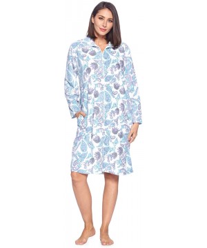 Robes Women's Printed Micro Fleece Zip Up Long Sleeve Sleepwear Duster Robe - Blue/White Paisley - CJ192K08YQ9