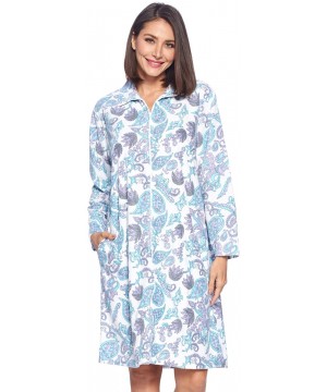 Robes Women's Printed Micro Fleece Zip Up Long Sleeve Sleepwear Duster Robe - Blue/White Paisley - CJ192K08YQ9