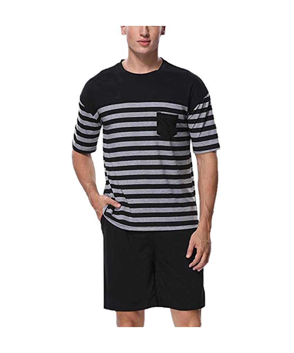 Sleep Sets Sets Men's Stylish Short Sleeved Stripe Splice Tops Solid Short Pants Pajama Set Suit with Pockets - Black - CY18R...