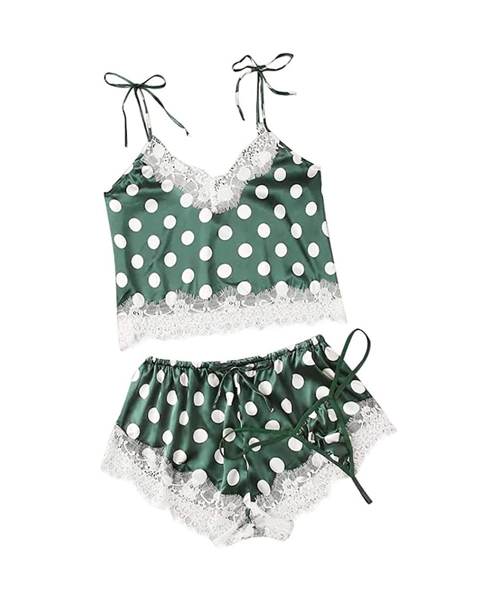 Sets Lingerie for Women for Sex Sexy Womens Satin Lace Silk Camisole Shorts Bow Set Sleepwear Pajamas Lingerie Z2 green - CW1...