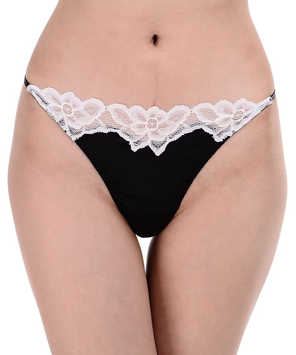 Panties 93% Silk 7% Spandex Women's Lace Thong Panties - Black/White - CC11APIX66X