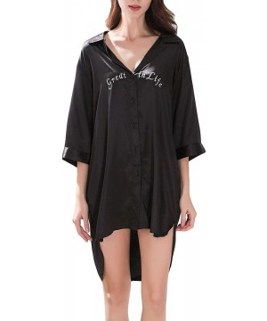 Nightgowns & Sleepshirts Women's Satin Boyfriend Nightshirt Dress Half Sleeve Lingerie Silk Short Nightgown - Black - CA196OM...