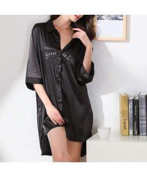 Nightgowns & Sleepshirts Women's Satin Boyfriend Nightshirt Dress Half Sleeve Lingerie Silk Short Nightgown - Black - CA196OM...