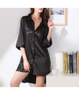 Nightgowns & Sleepshirts Women's Satin Boyfriend Nightshirt Dress Half Sleeve Lingerie Silk Short Nightgown - Black - CA196OM...