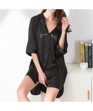 Nightgowns & Sleepshirts Women's Satin Boyfriend Nightshirt Dress Half Sleeve Lingerie Silk Short Nightgown - Black - CA196OM...