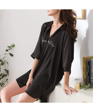 Nightgowns & Sleepshirts Women's Satin Boyfriend Nightshirt Dress Half Sleeve Lingerie Silk Short Nightgown - Black - CA196OM...