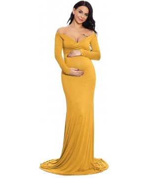 Nightgowns & Sleepshirts Maternity Fitted Gown V Neck Ruched Off Shoulder Long Sleeve Maxi Photography Dress - Yellow - CJ18H...