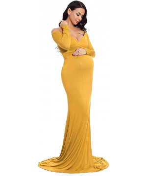 Nightgowns & Sleepshirts Maternity Fitted Gown V Neck Ruched Off Shoulder Long Sleeve Maxi Photography Dress - Yellow - CJ18H...