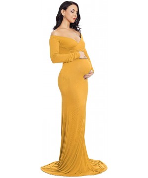 Nightgowns & Sleepshirts Maternity Fitted Gown V Neck Ruched Off Shoulder Long Sleeve Maxi Photography Dress - Yellow - CJ18H...