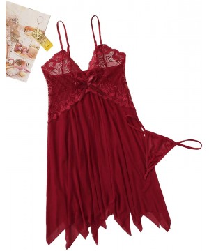 Baby Dolls & Chemises Women's Babydoll Lingerie V Neck Nightwear Satin Sleepwear Lace Chemise with Thong Burgundy S - C2197TC...