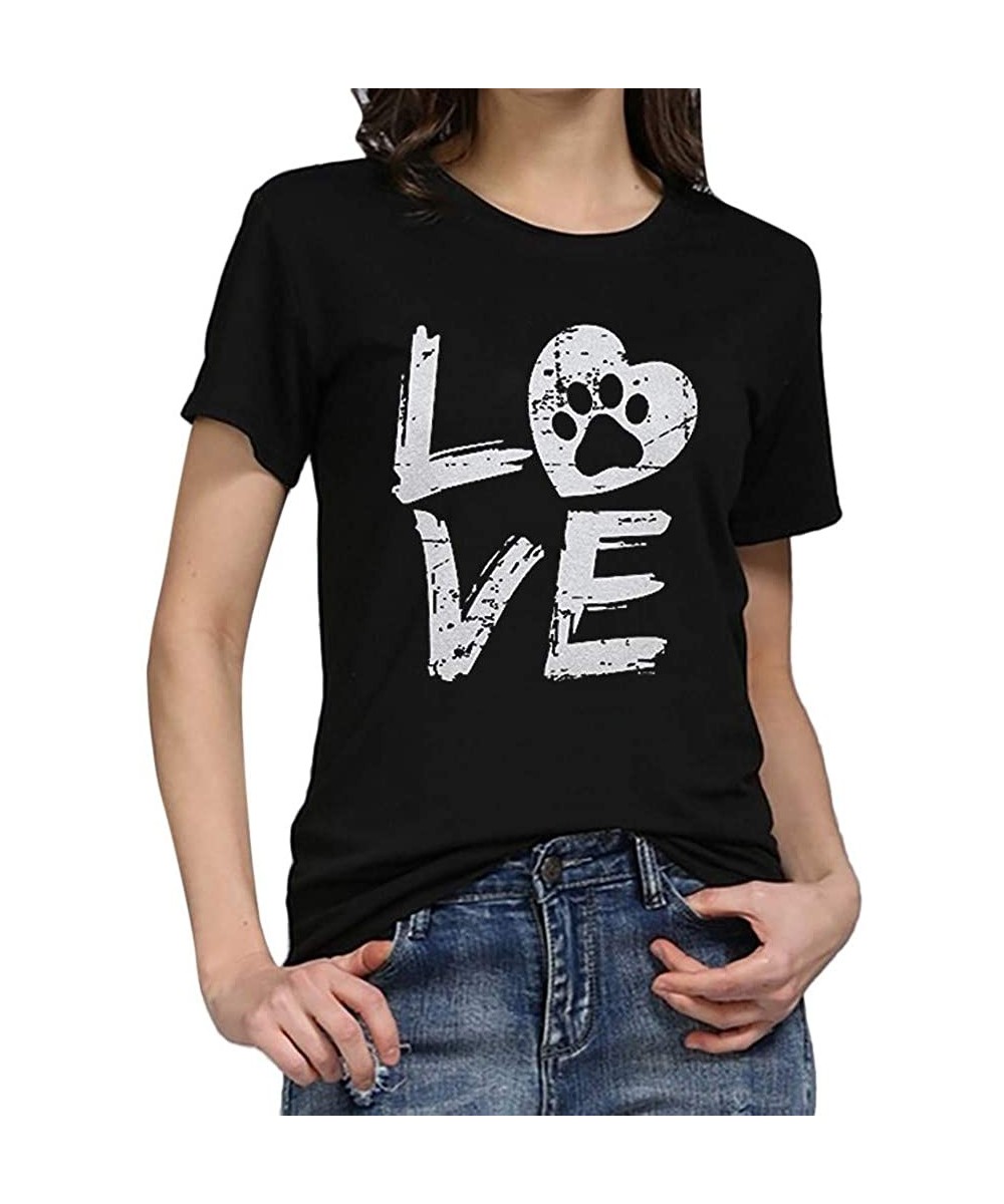 Thermal Underwear Fashion Women's T-Shirt Casual O-Neck Top Loose Short-Sleeved Love Letter - Black - CO18O8GT5X4