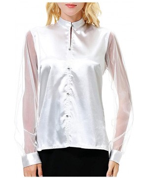 Thermal Underwear Women Vintage Solid Mandarin Collar Long Sleeve Top Casual Simulation Silk Shirt - A-white - CZ19775YXC5