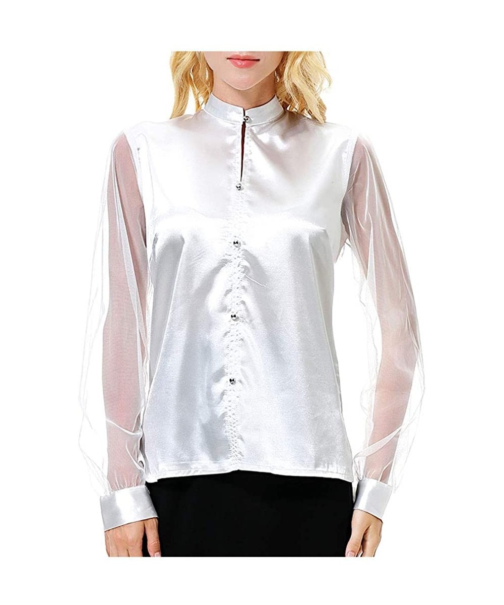 Thermal Underwear Women Vintage Solid Mandarin Collar Long Sleeve Top Casual Simulation Silk Shirt - A-white - CZ19775YXC5