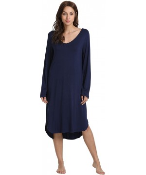 Nightgowns & Sleepshirts Women's Sleepwear Long Sleeve Nightgown V Neck Sleep Shirt - Navy - CF18CGG04ZS