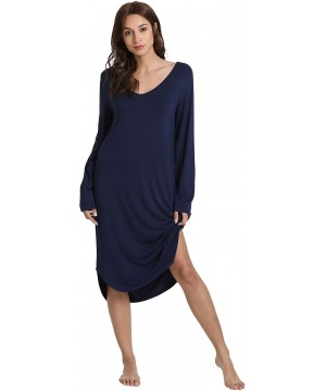 Nightgowns & Sleepshirts Women's Sleepwear Long Sleeve Nightgown V Neck Sleep Shirt - Navy - CF18CGG04ZS