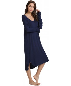 Nightgowns & Sleepshirts Women's Sleepwear Long Sleeve Nightgown V Neck Sleep Shirt - Navy - CF18CGG04ZS