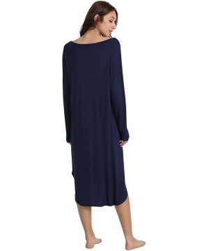 Nightgowns & Sleepshirts Women's Sleepwear Long Sleeve Nightgown V Neck Sleep Shirt - Navy - CF18CGG04ZS