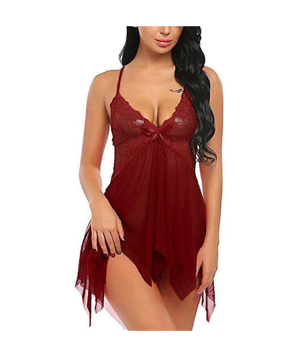 Baby Dolls & Chemises Womens Lingerie Sexy Babydoll Lace Silks Set Straps Chemise Underwear Sleepdress Nightwear - X01-red - ...