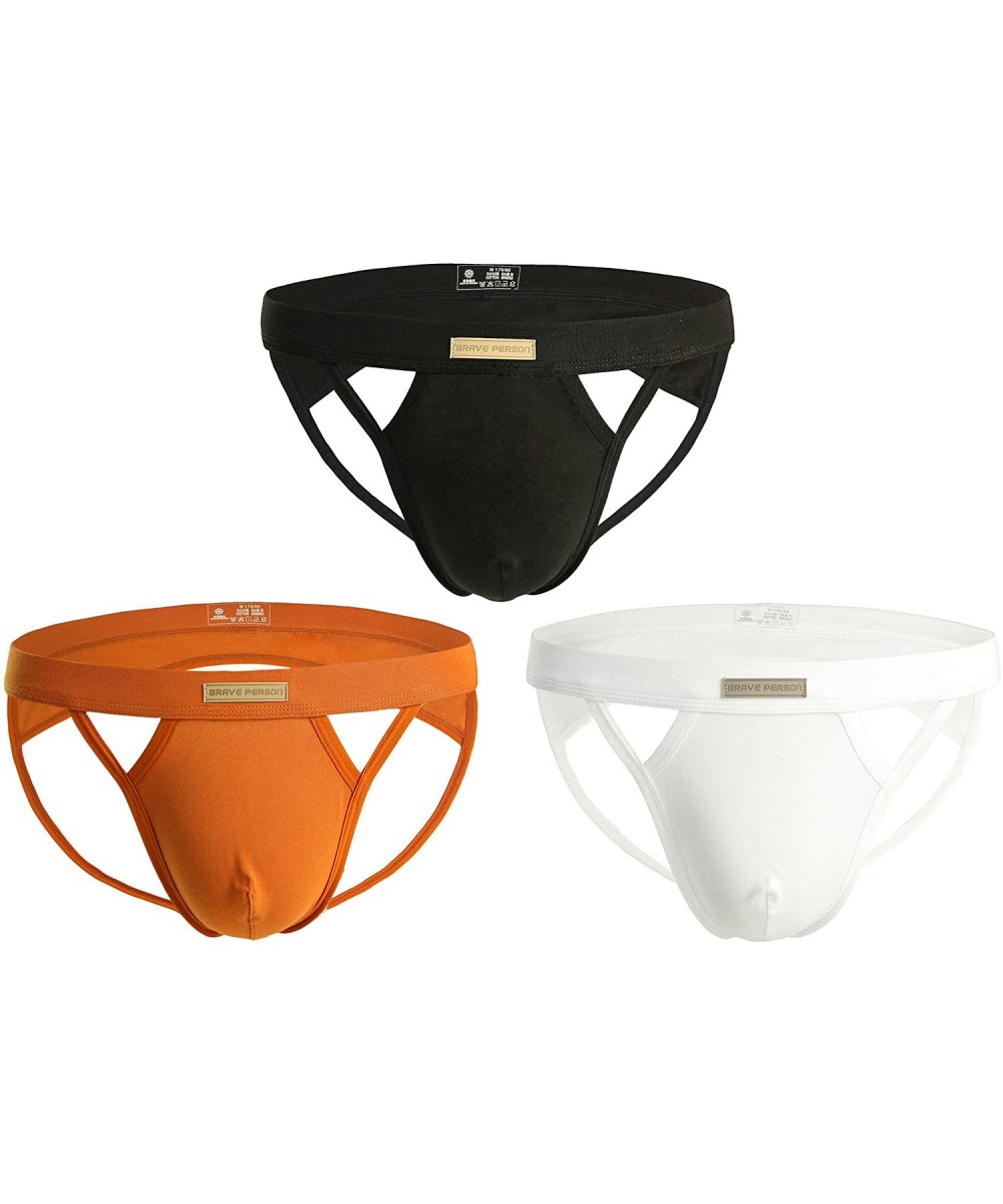 G-Strings & Thongs Men's Jockstrap Hot Thong Underwear Low Rais Bikini Briefs 3 Pack - Black-orange-white - C918YOQTOY7