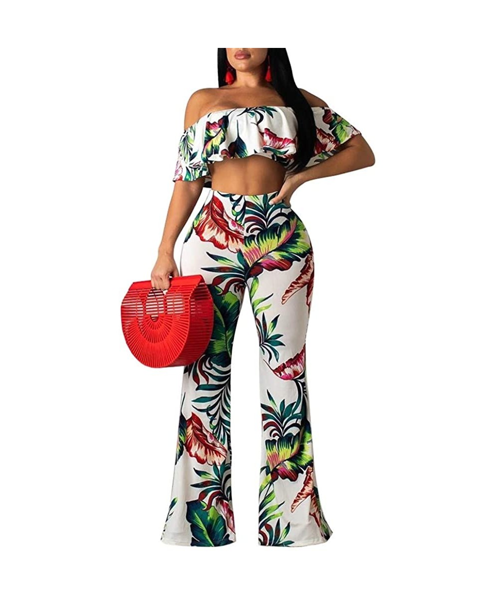 Sets Women's 2 Pieces Outfit Floral Sleeveless Tube Top Palazzo Long Pants High Waist Jumpsuits - White Flower - CK18U56WM54