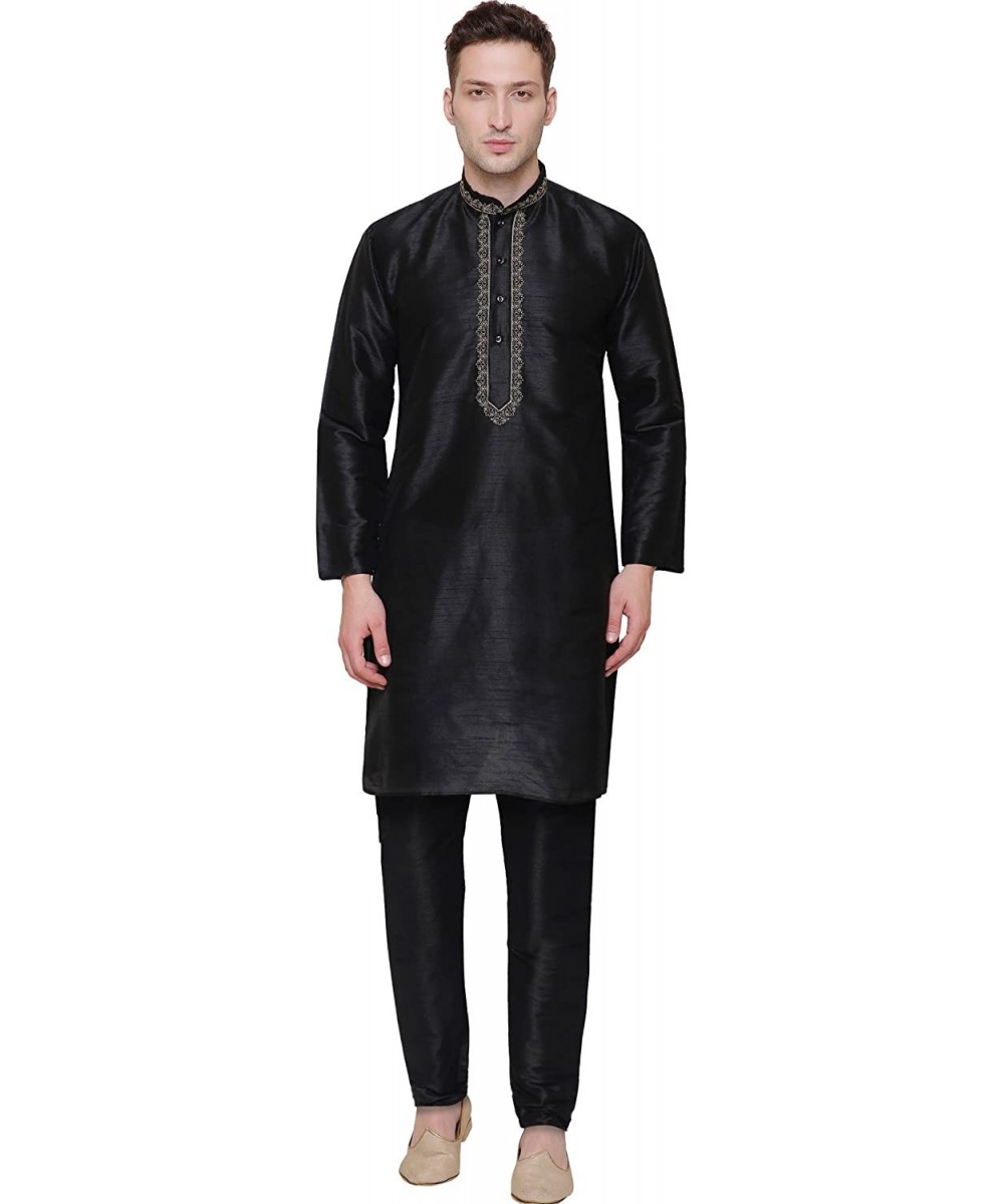 Sleep Sets Men's Art Silk Indian Kurta Set Party Wear Clothes - Black - C81865RRYU9