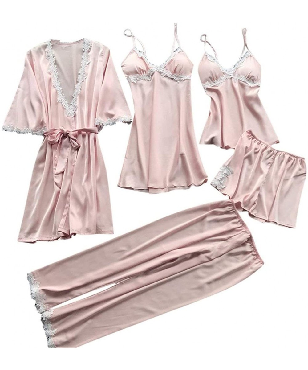 Sets Women Pajamas 5 Pieces Satin Sleepwear Pijama Silk Home Wear Home Clothing Embroidery Sleep - Pink-1 - C218U2S93WH