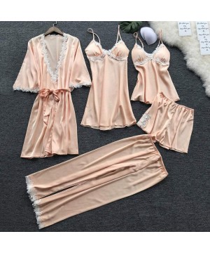 Sets Women Pajamas 5 Pieces Satin Sleepwear Pijama Silk Home Wear Home Clothing Embroidery Sleep - Pink-1 - C218U2S93WH