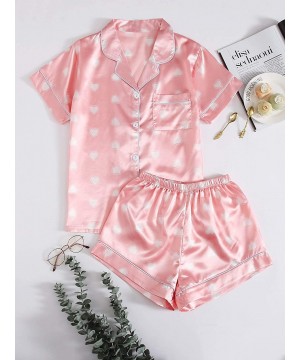 Sets Women's Satin Contrast Binding Top and Shorts Pajama Set - B-pinkheart - C719DYGMI5E