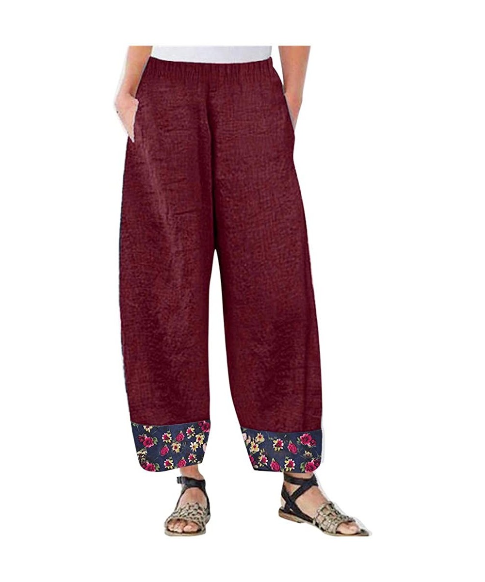 Bottoms Women Cotton Linen Wide Leg Pants Elastic Waist Floral Print Patchwork Loose Yoga Pants Bohe Lounge Pants - Red - C11...