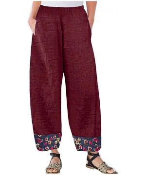 Bottoms Women Cotton Linen Wide Leg Pants Elastic Waist Floral Print Patchwork Loose Yoga Pants Bohe Lounge Pants - Red - C11...