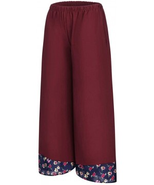 Bottoms Women Cotton Linen Wide Leg Pants Elastic Waist Floral Print Patchwork Loose Yoga Pants Bohe Lounge Pants - Red - C11...