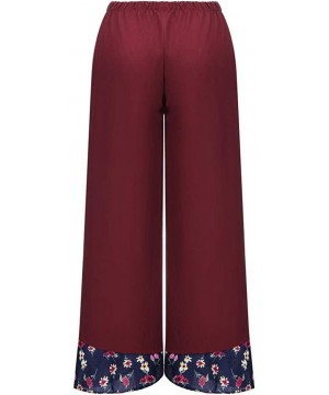 Bottoms Women Cotton Linen Wide Leg Pants Elastic Waist Floral Print Patchwork Loose Yoga Pants Bohe Lounge Pants - Red - C11...