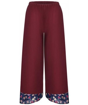 Bottoms Women Cotton Linen Wide Leg Pants Elastic Waist Floral Print Patchwork Loose Yoga Pants Bohe Lounge Pants - Red - C11...