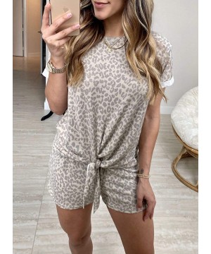 Sets Women Casual Short Sleeve Crew Neck Leopard Printed Front Knot Pajamas Sets Two Piece Shorts Sleepwear - Leopard - CS19C...