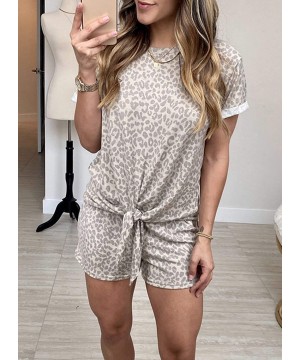 Sets Women Casual Short Sleeve Crew Neck Leopard Printed Front Knot Pajamas Sets Two Piece Shorts Sleepwear - Leopard - CS19C...