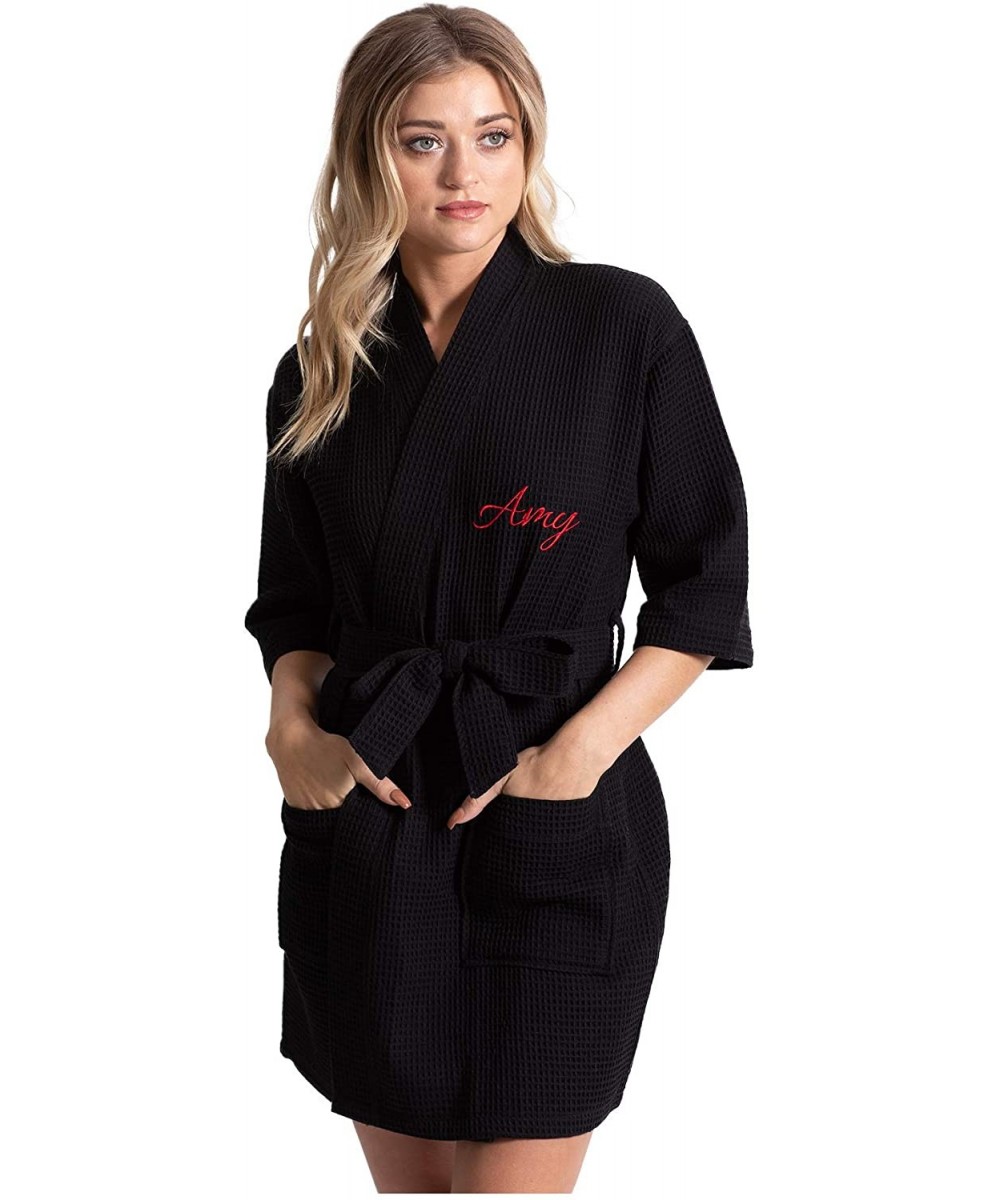 Robes Linen Lightweight Knee Length Waffle Kimono Bath and Spa Robe - Black-customized - CL197SXWL0Q