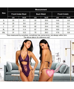 Baby Dolls & Chemises Women Deep V Halter Lingerie Teddy One Piece Babydoll Lace Up Mini Bodysuit - Purple - CQ18GYLSZTM