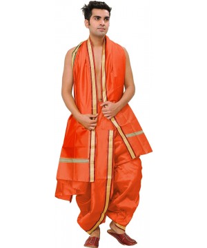 Sleep Sets Ready to Wear Dhoti and Angavastram Set with Woven Golden Border - Tigerlily Orange - CK188CCHR9Q