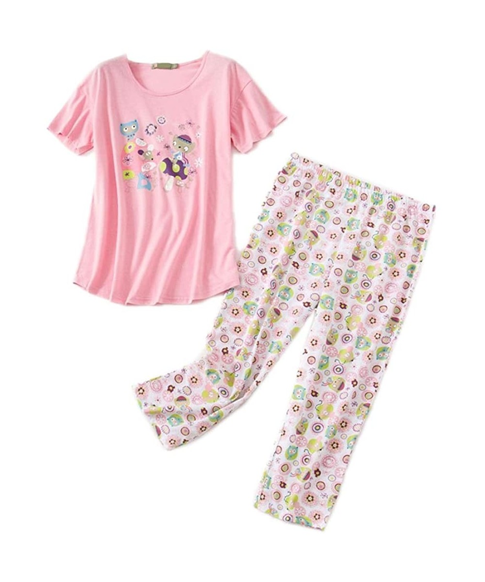 Sets Women Pajama Set Sleepwear Tops with Capri Pants Casual and Fun Prints Pajama Sets - Pink Owl - C8198KE2490